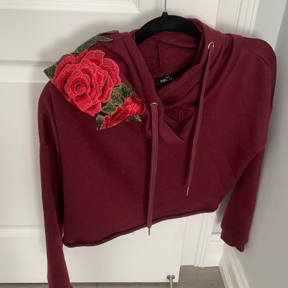 Maroon Cropped Hoodie with Roses